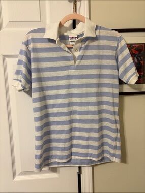 Vintage Striped Polo Shirt in Light Blue and White, Made in USA